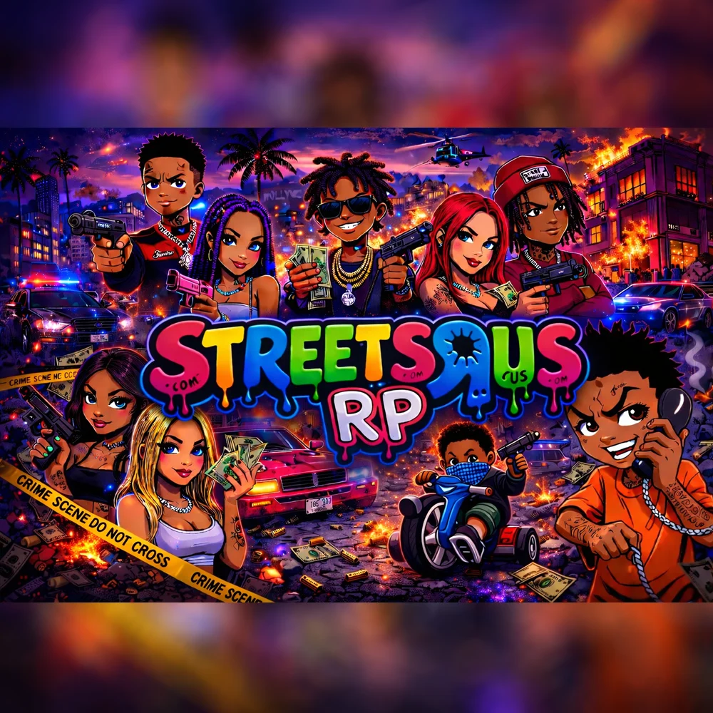 Colorful Streets of Us RP game poster featuring diverse animated characters surrounded by neon lights and urban cityscape at night